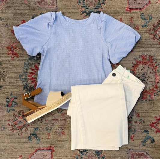 Girls Crinkled Puff Sleeve Knit Top in Blue