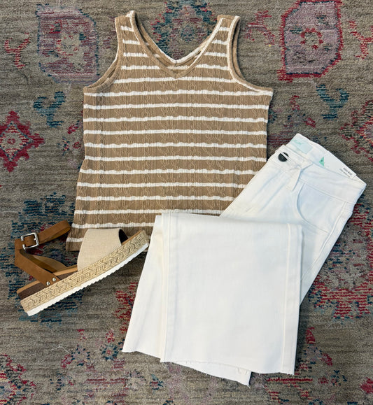 Girls Cable Textured Striped Knit V Neck Tank