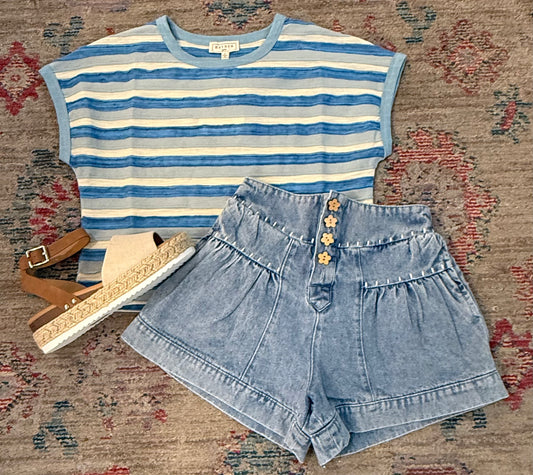 High Rise Tiered Washed Denim Shorts