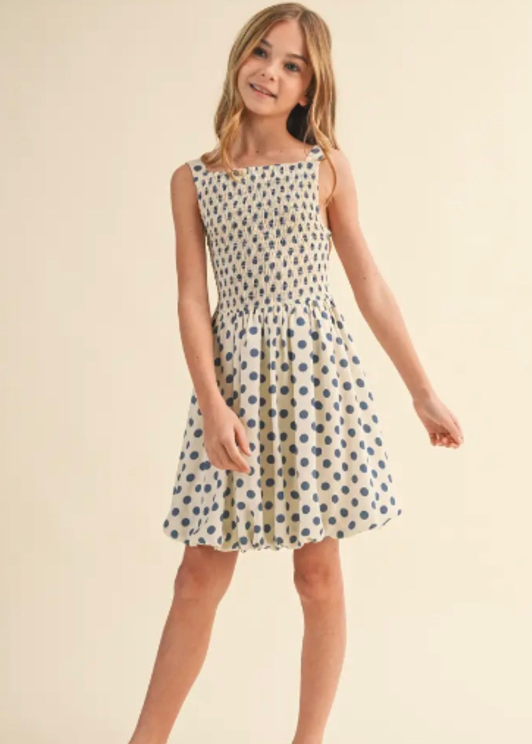 Dusty Blue Polka Dot Bubble Hem Dress