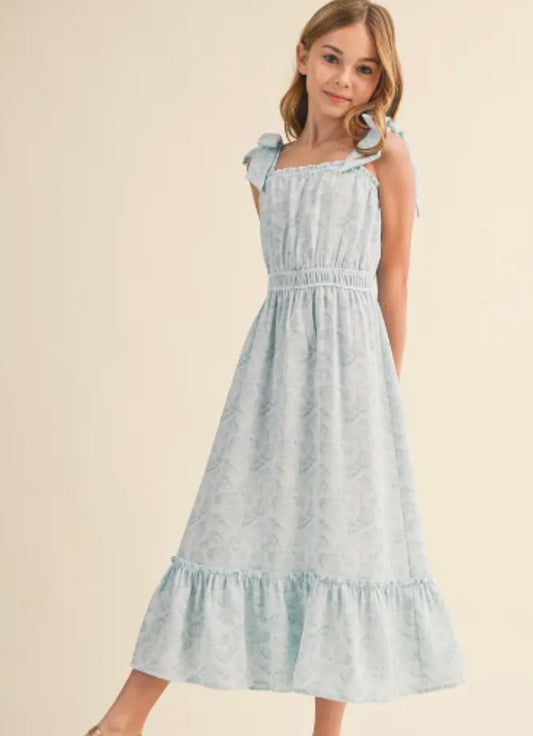 Blue Midi Dress with Bow Detail Sleeves