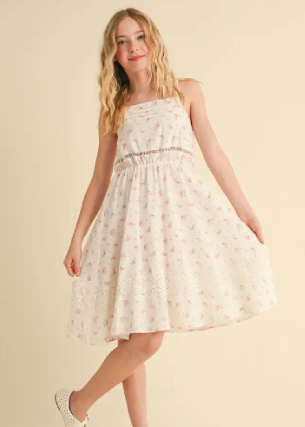 White Floral Dress with Lace Detail