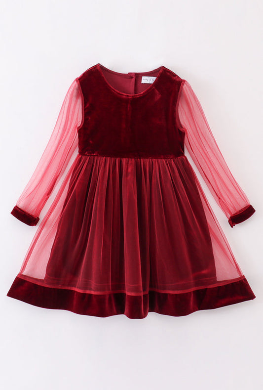 PREMIUM MAROON VELVET RUFFLE GIRL DRESS