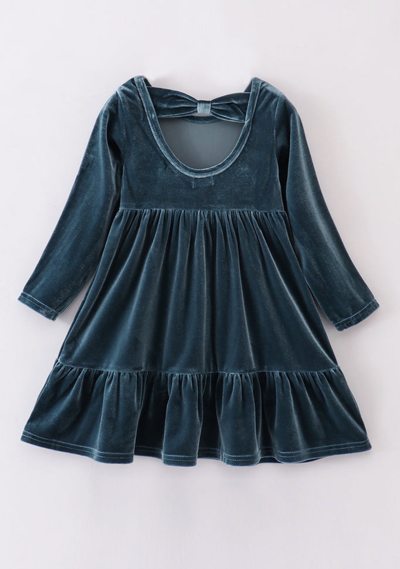 PREMIUM LAKE VELVET TIERED RUFFLE DRESS in Teal