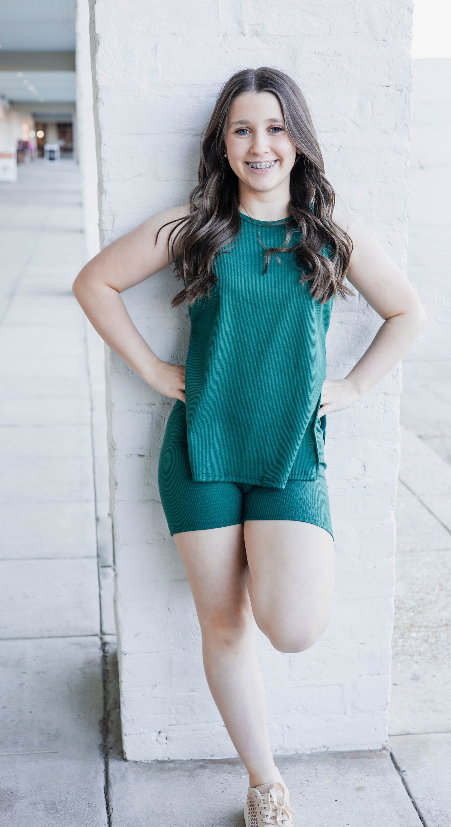 Waffle Knit Sleeveless Top and Biker Shorts Set in Gunter Green