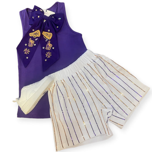 Belle Cher Purple and Gold Sequin Striped Shorts
