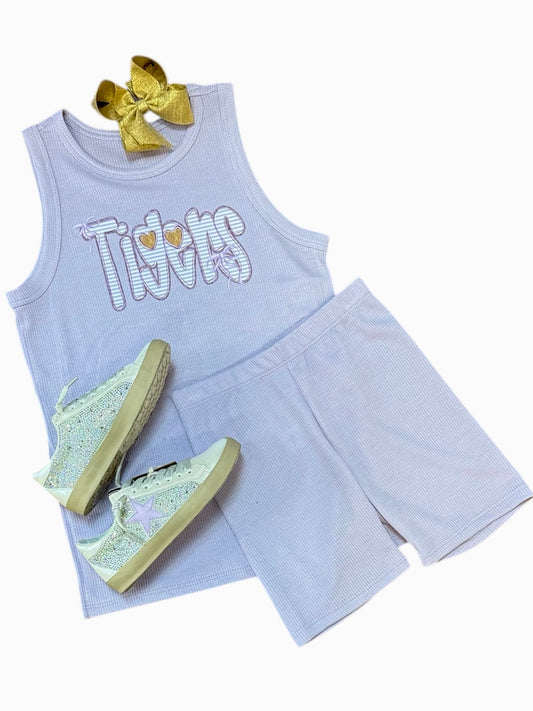 Waffle Knit Sleeveless Top and Biker Shorts Set in Lavender