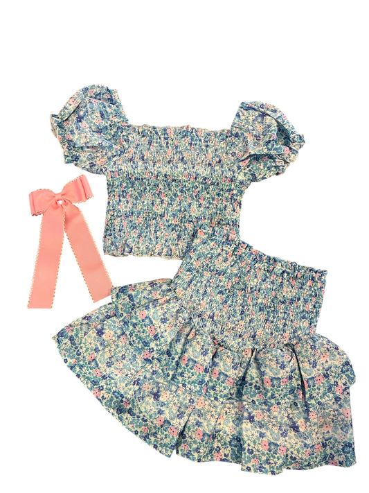 Floral Puff Sleeve Smocked Top and Smocked Tiered Skirt Set