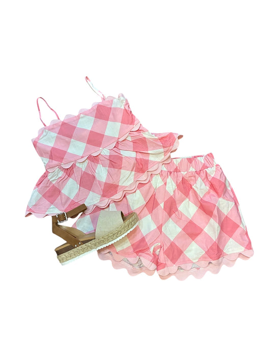 Gingham Printed Sleeveless Ric Rac Trim Detail Top