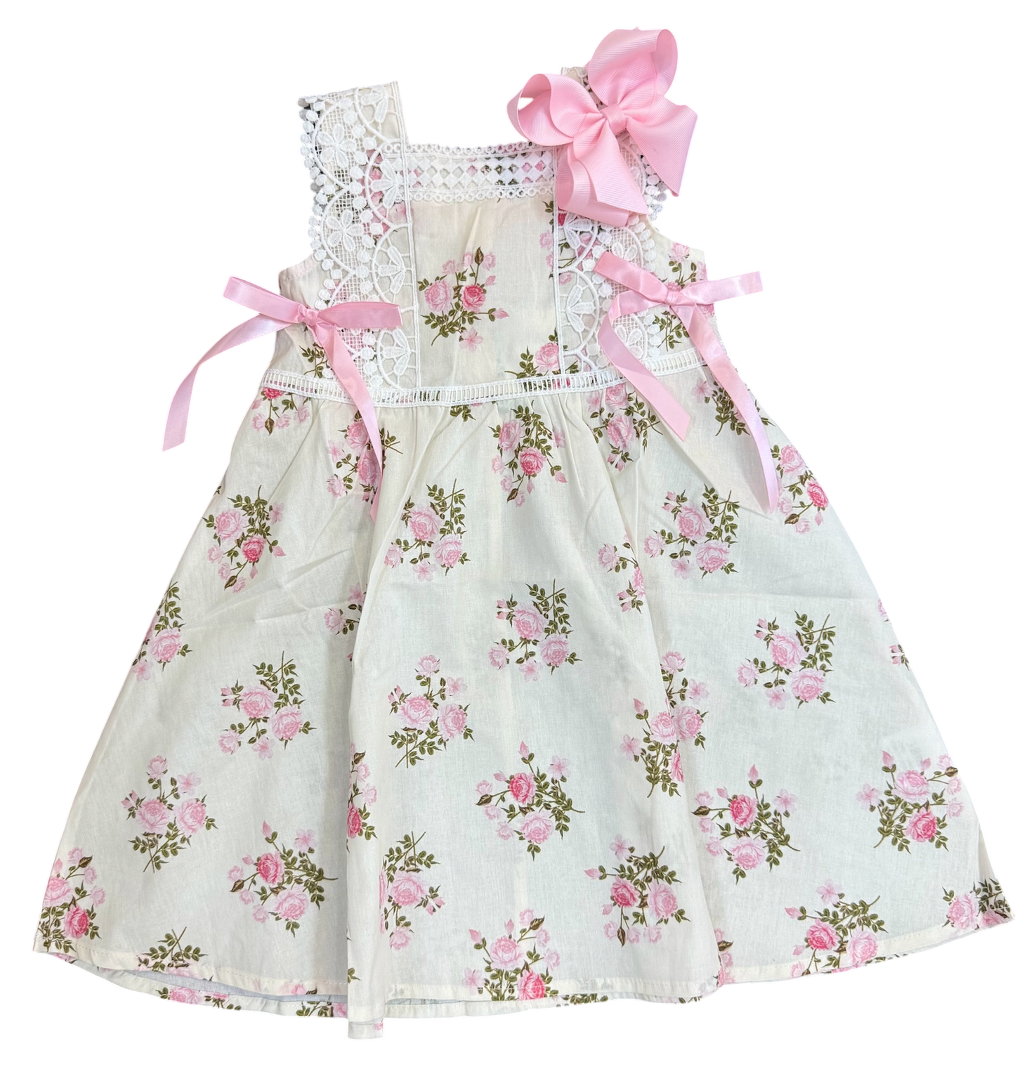 Lace-trimmed Bow Girls' Dress in Pink