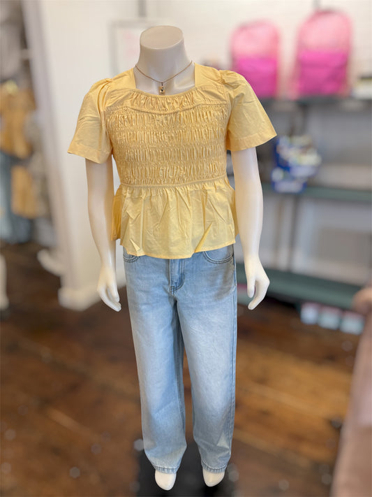 Girls Exaggerated Smocked Poplin Poplin Top in Yellow