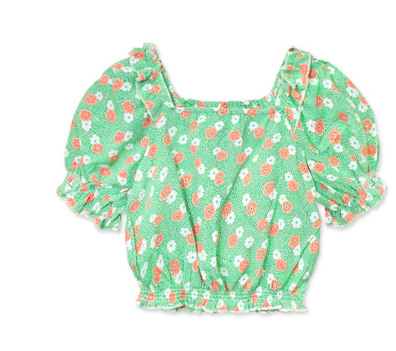 1672 Girl's Fashion Top W/ Puff Sleeve & Smocked Waist green floral