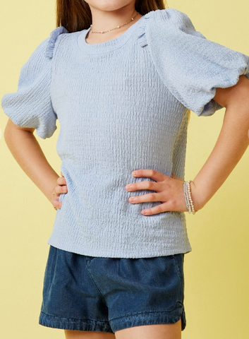 796 Girls Crinkled Puff Sleeve Knit Top