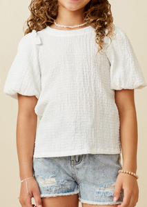 816 Girls Crinkled Puff Sleeve Knit Top in white