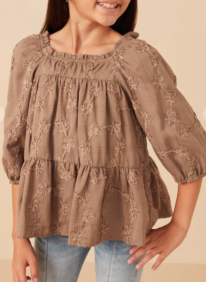 Tan Girls Brushed Floral Detailed Puff Sleeve Square Neck Top