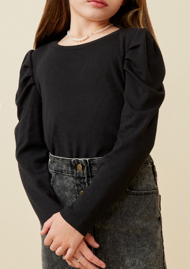 Black Girls Pleated Puff Shoulder Knit Top