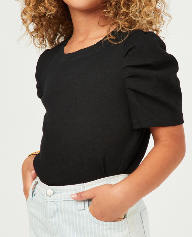Black Girls Ribbed Pleated Shoulder Puff Sleeve Top