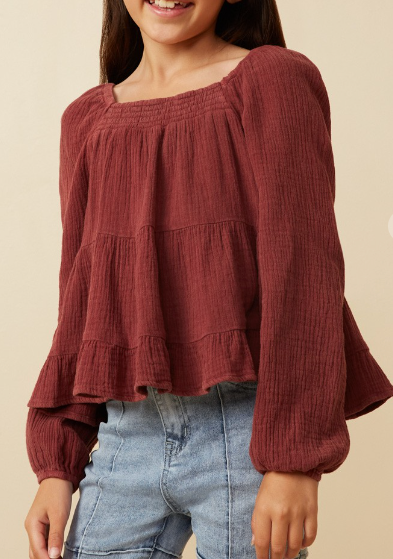 Rust Girls Smock Detailed Textured Washed Peplum Top