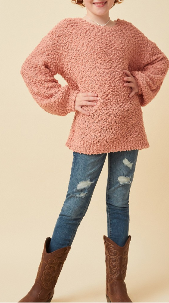 Girls Popcorn Knit Pullover Sweater in Mauve