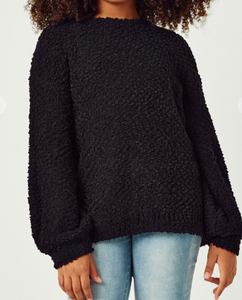 Girls Popcorn Knit Pullover Sweater in Black
