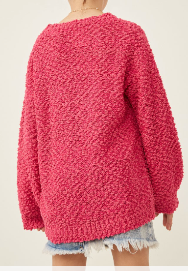 Girls Popcorn Knit Pullover Sweater in Fuchsia