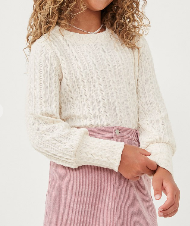 Girls Long Cuff Cable Knit Pullover Top in Ivory
