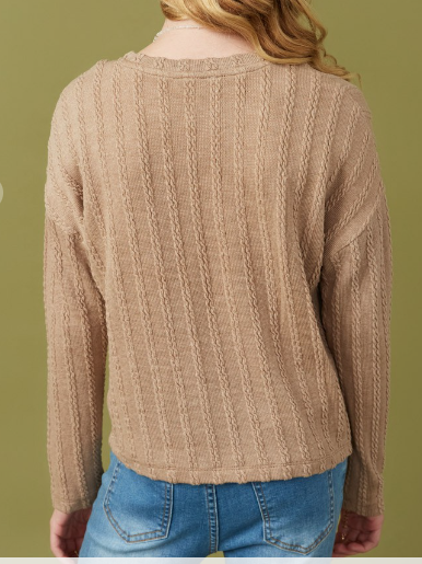 Girls Cable Knit Banded Knit Top in mocha