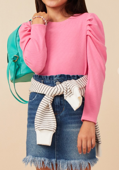 Girls Pleated Puff Shoulder Knit Top in pink