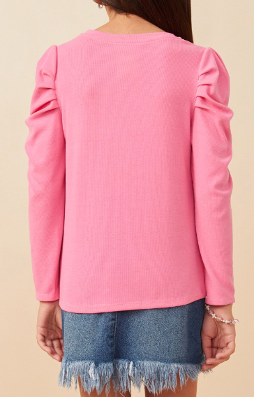 Girls Pleated Puff Shoulder Knit Top in pink