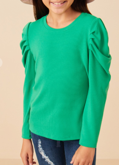 Girls Pleated Puff Shoulder Knit Top in green
