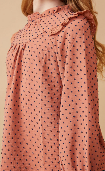 Girls Lace Ruffle Detail Swiss Dot Blouse