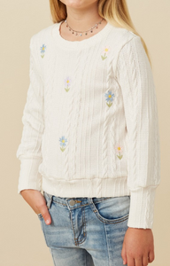 Girl Cable Knit Floral Embroidered Long Sleeve Top