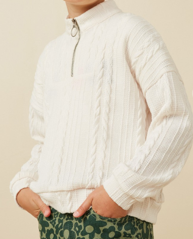 Girls Cable Knit Long Sleeve Mock Neck Half Zip Top