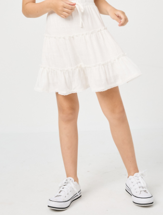 Crochet Hem Tiered Ruffle Skirt*Woven Fabric in off white