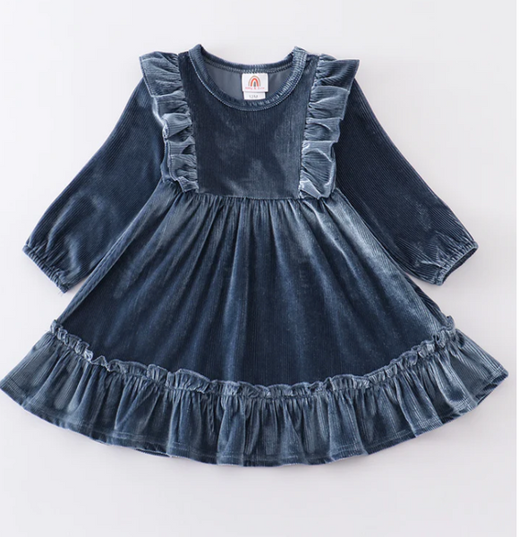 Blue  Ruffle Velvet Dress