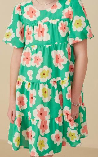 Girls Floral Puff Sleeve Tiered Dress