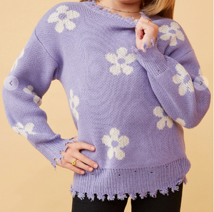 Girls Distressed Floral Patterned Pullover Sweater in Lavender