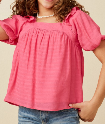 Girls Square Neck Ruffle Shoulder Textured Top