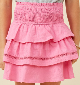 Girls Crochet Trimmed Smocked Layered Skirt in Pink