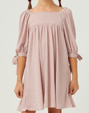 Girls Textured Knit Gingham Square Neck Tie Sleeve Dress