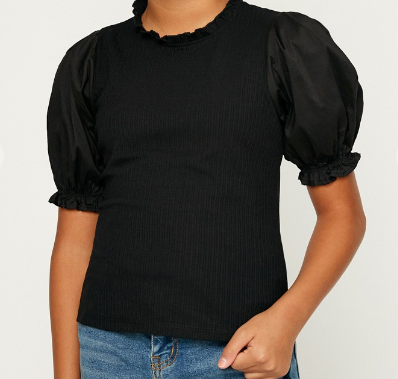 Girls Pleated Cinched Sleeve Top in Black