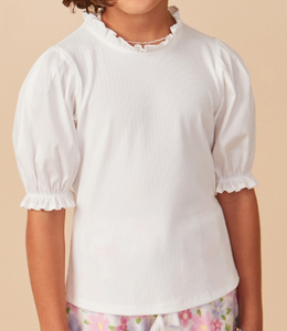 Girls Pleated Cinched Sleeve Top in Off White