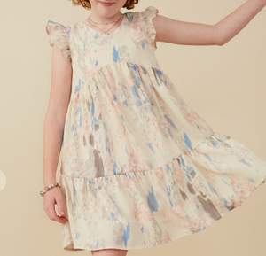 Girls Watercolor V Neck Tiered Ruffled Dress in Ivory