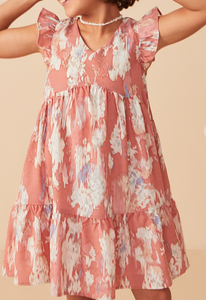 Girls Watercolor V Neck Tiered Ruffled Dress in Pink
