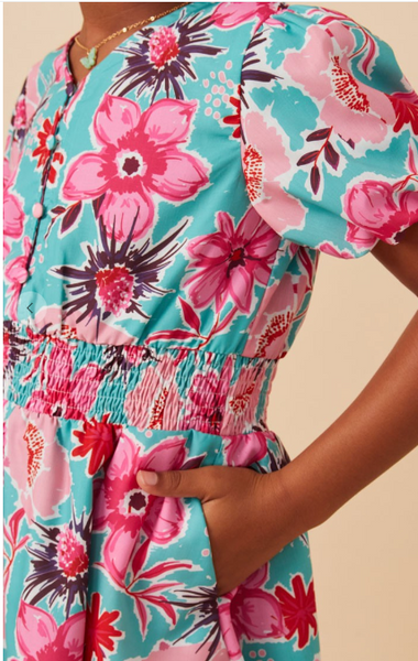 Girls Floral Print Smocked Waist Detail Dress
