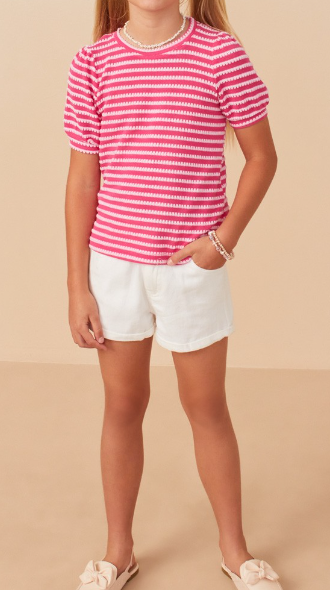 Girls Textured Stripe Puff Sleeve Knit Top in pink and white