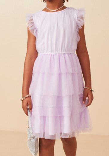 Girls Mesh Ruffle Tiered Tank Dress in lavender