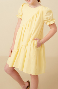 Girls Asymmetric Seam Detail Cinched Cuff Poplin Dress in yellow
