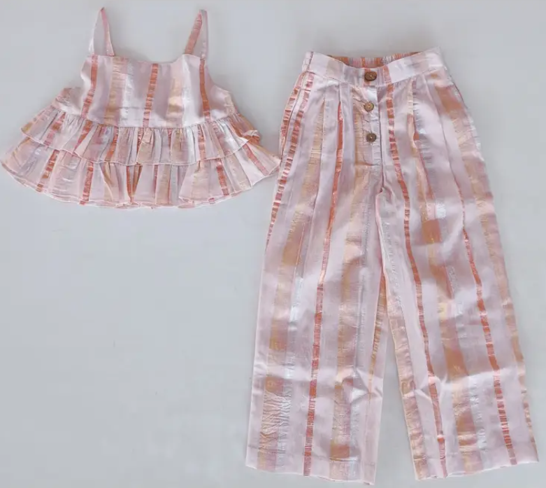 Pink Solid Color Lurex Top & Pant Set