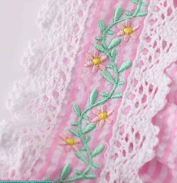 Pink stripe seersucker floral embroidery dress.